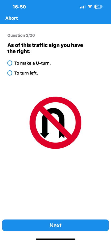 Drivelo app theory test interface showing a traffic sign question about a no u turn sign