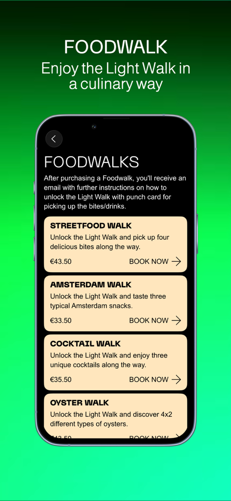 Amsterdam Light Festival - A screen in the Amsterdam Light Festival app showing various Foodwalk booking options like street food and cocktail tours.