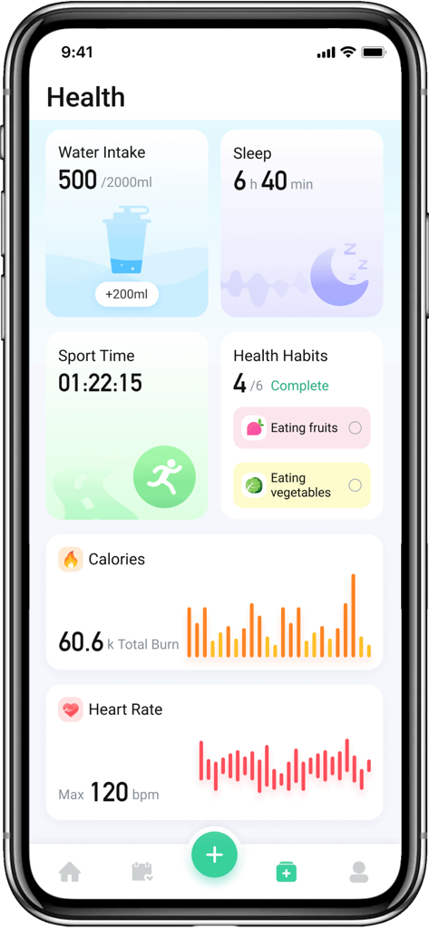 ALHOSN UAE - Mobile app health dashboard with widgets for water intake, sleep tracking, sport time, and heart rate data.