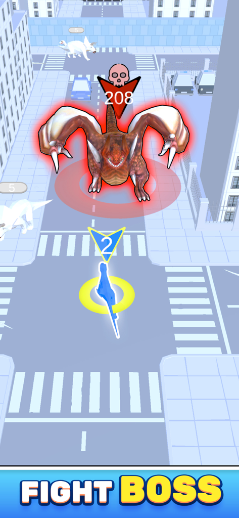 Dino Crowd - A small blue dinosaur facing a large winged boss dinosaur in a city street