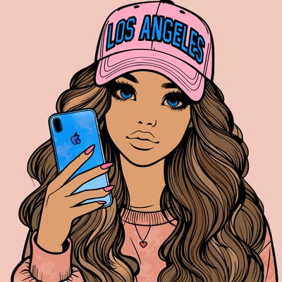 realistic beautiful girl wearing los ángeles cap holding an iphone