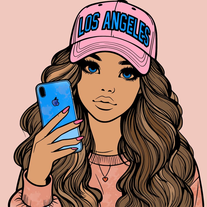 realistic beautiful girl wearing los ángeles cap holding an iphone