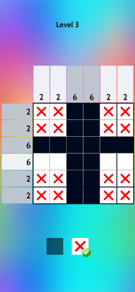 A logic puzzle grid from the Nonogram Picture Cross app showing level 3 progress