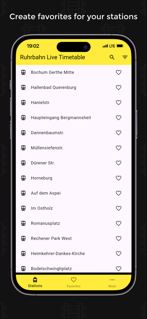 Screenshot der Ruhrbahn Live-Fahrplan-App, die eine Liste von Haltestellen und die Option zum Hinzufügen zu Favoriten zeigt