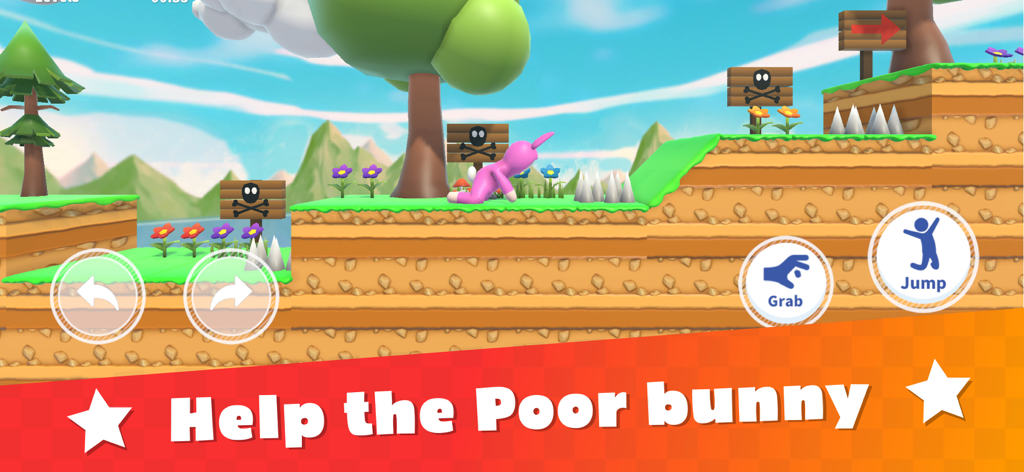 Super Jump Man - A pink bunny character navigating a physics-based platformer level with spikes and obstacles in Super Jump Man.