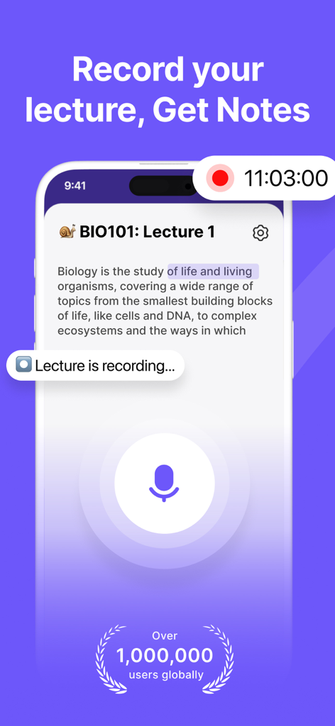 Unstuck AI Note Taker - Unstuck AI app interface recording a biology lecture and displaying transcribed notes