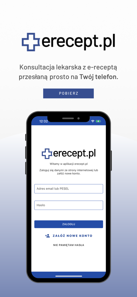 Schermata di accesso all'app mobile Erecept.pl su uno smartphone che mostra servizi di consultazione medica