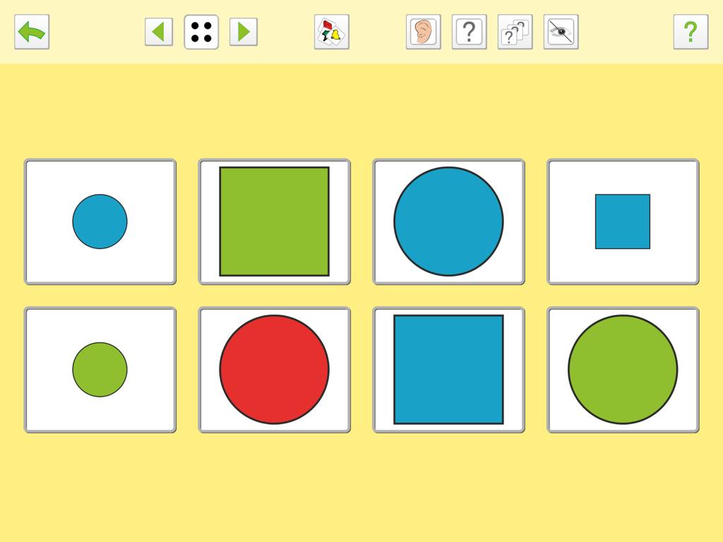 Pantalla educativa que muestra una cuadrícula de círculos y cuadrados en varios colores y tamaños para el reconocimiento visual