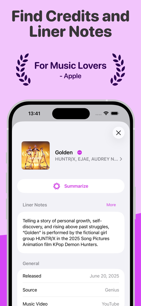MusicSmart - Liner Notes - MusicSmart app interface displaying detailed liner notes and song credits for the track Golden