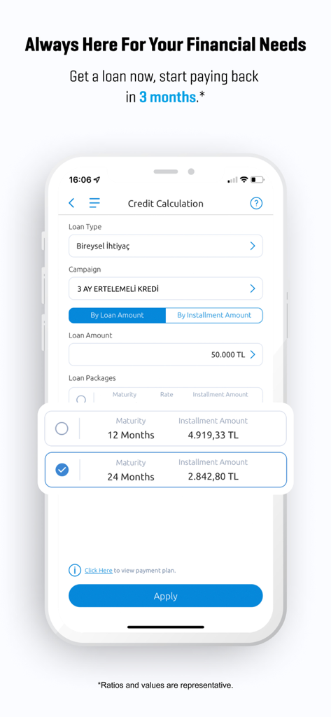 Yapı Kredi Mobile - Bildschirm zur Kreditberechnung von Yapi Kredi Mobile, der Optionen für Privatkredite über fünfzigtausend türkische Lira zeigt.