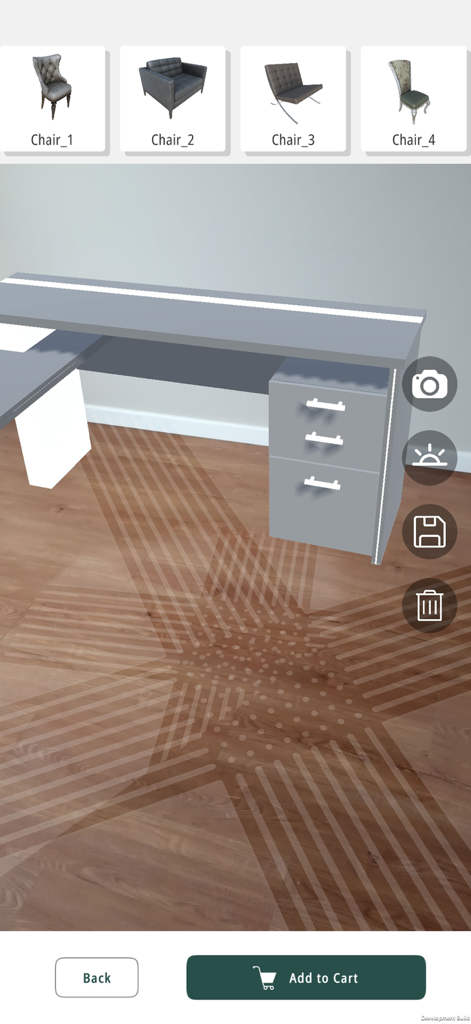 Easy AR Furniture - AR visualization of a grey desk on a wooden floor in a home office setting