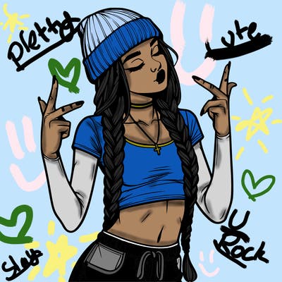 realistic teenage girl with braids and a beanie and crop top doing 🫶🏼