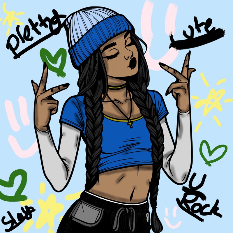 realistic teenage girl with braids and a beanie and crop top doing 🫶🏼