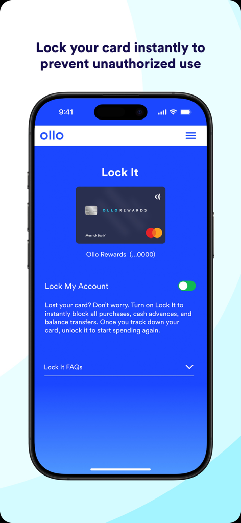 Ollo mobile app interface showing the Lock It feature to instantly secure a credit card from unauthorized use