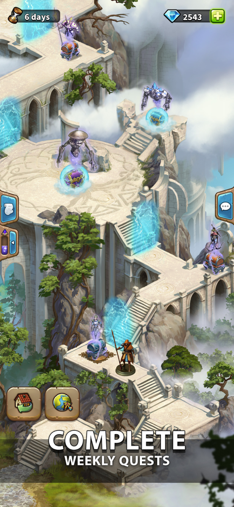 Paisaje detallado de una ciudad de fantasía en Elvenar con portales mágicos y cofres del tesoro para misiones semanales.