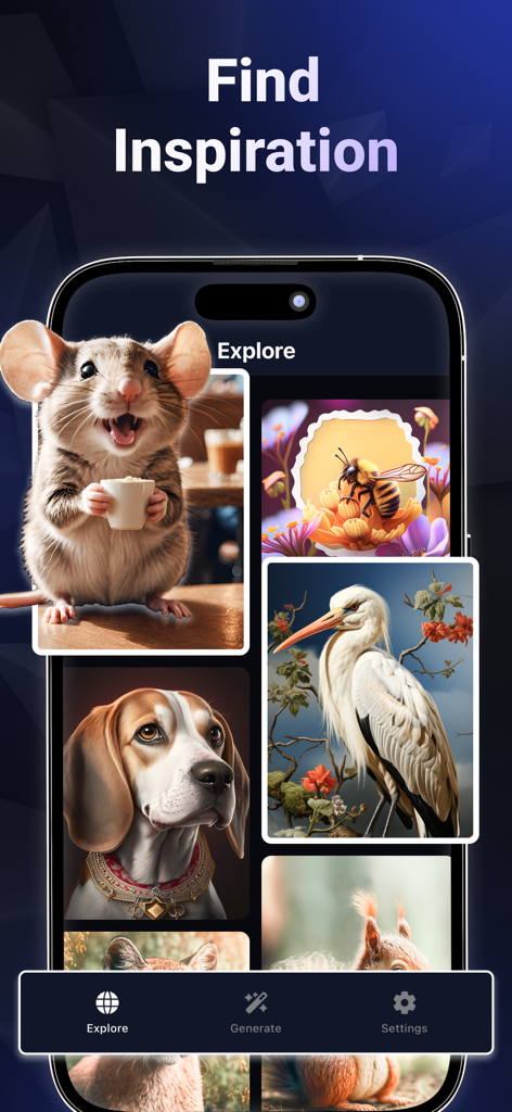 Deviant Art - Monet AI - Captura de pantalla de la aplicación Deviant Art Monet AI que muestra una galería de imágenes de animales generadas por IA, incluyendo un ratón y un perro para encontrar inspiración