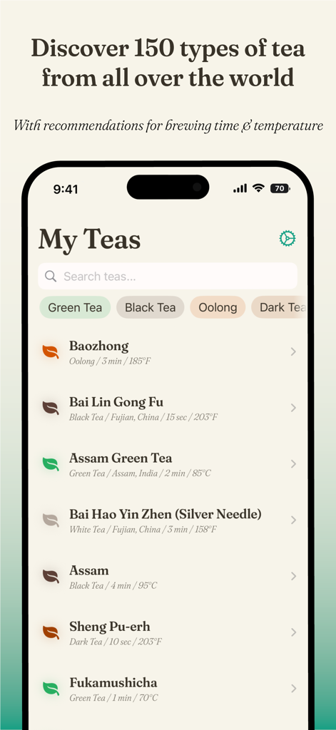 Tea Me - Tea Timer - Captura de tela do aplicativo Tea Me mostrando uma lista pesquisável de 150 variedades de chá com recomendações específicas de tempo e temperatura de preparo
