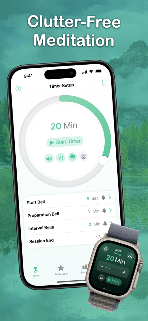 Meditation Timer - Zenitizer - Interfaz del temporizador de meditación en iPhone y Apple Watch para una atención plena sin desorden.
