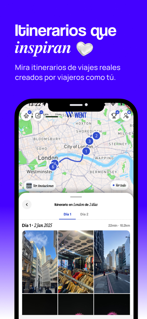 A travel itinerary for London featuring an interactive map and photo log on the Went app