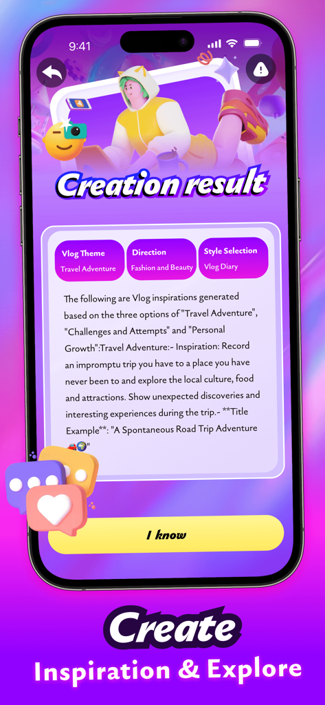 Toggy：Meet & Video Chat，Share - 토기 앱 인터페이스는 브이로거를 위한 AI 생성 브이로그 테마 및 창의적 영감을 보여줍니다.