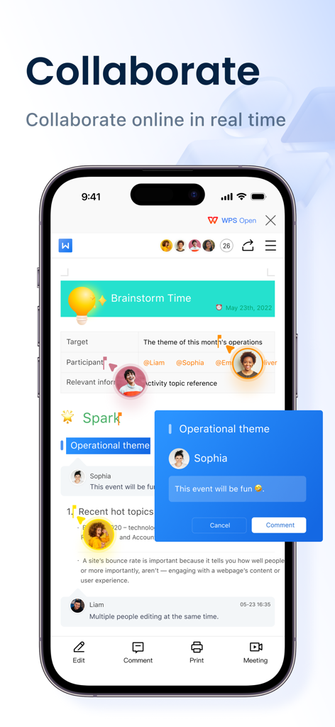 iPhone에서 WPS Office 앱 인터페이스를 통해 실시간 온라인 협업을 보여줌