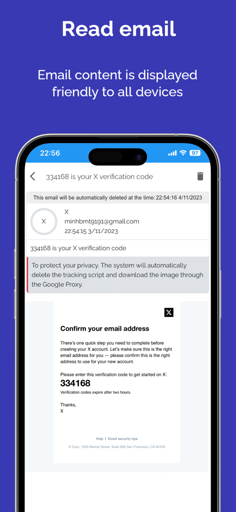 Interface de l'application Temp Mail affichant un e-mail de vérification avec des fonctionnalités de confidentialité et anti-suivi