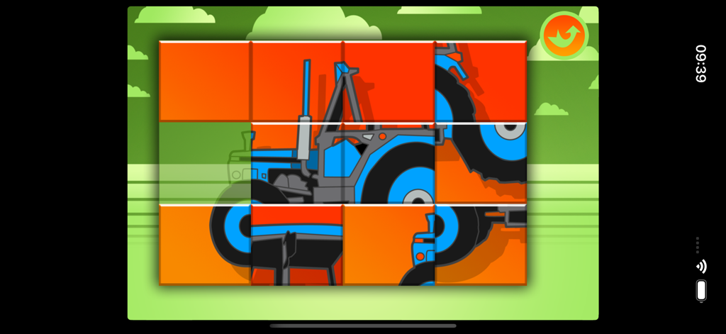 Un juego de rompecabezas de fichas para niños con un tractor agrícola azul sobre un fondo naranja