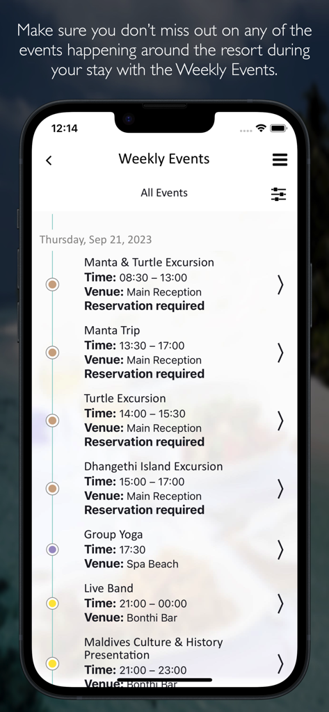 Vilamendhoo - A mobile app screenshot showing a weekly events schedule for Vilamendhoo Island Resort featuring excursions, yoga classes, and evening entertainment.