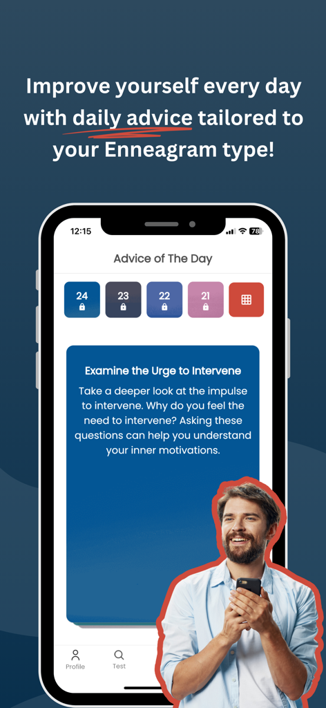 Enneagram Premium - Smartphone screen showing daily Enneagram advice with the header Examine the Urge to Intervene and a man smiling while looking at his phone