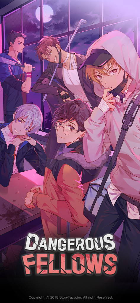 Five main male characters from the Dangerous Fellows otome game in an anime art style