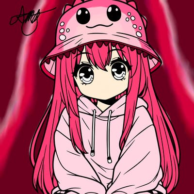 girl with anime shaped eyes with a dinosaur bucket hat oversized sweatshirt long straight hair