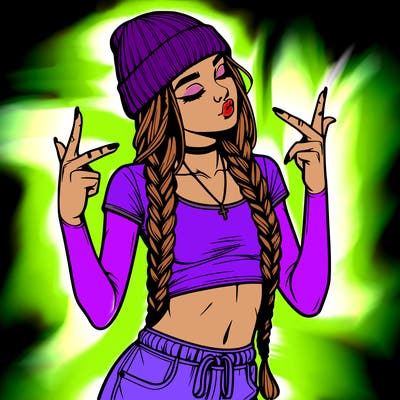 realistic teenage girl with braids and a beanie and crop top doing 🫶🏼