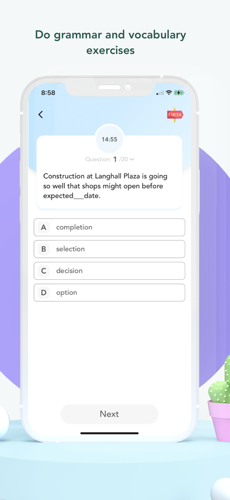 IELTS Reading - Advanced - IELTS Reading Advanced app interface showing a grammar and vocabulary practice question with multiple choice options