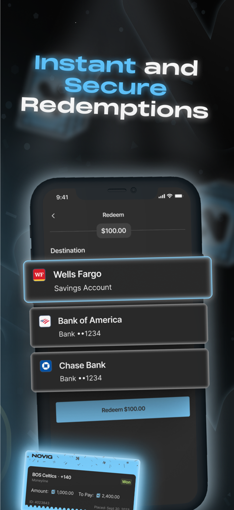 Novig - Novig mobile app screen showing instant and secure cash redemption options to Wells Fargo, Bank of America, and Chase