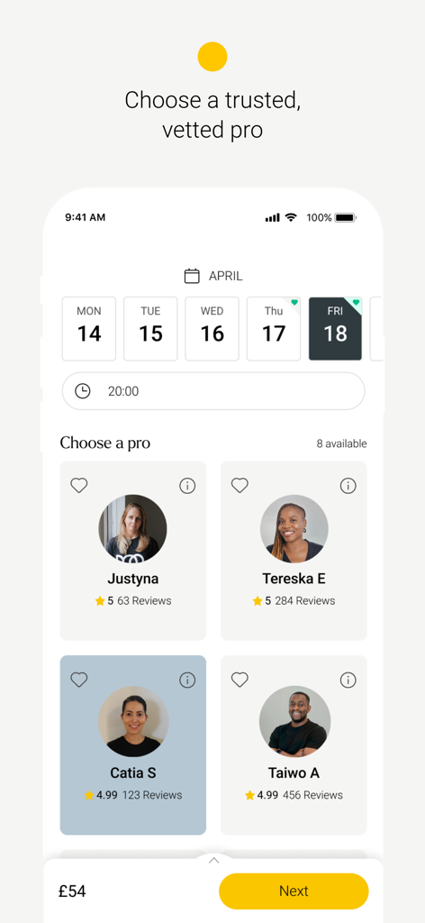 Massage at home | Urban - A mobile app screen showing a list of vetted wellness professionals with their ratings and availability for booking