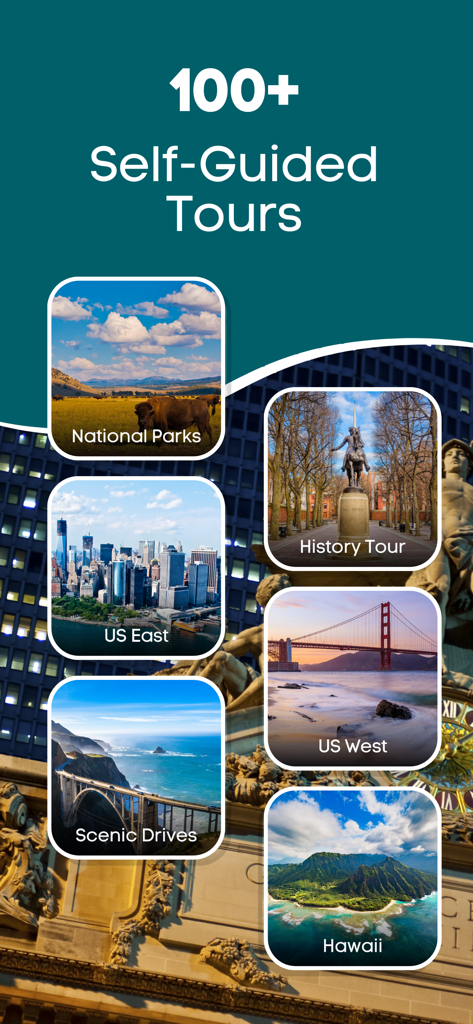 App screen showing over 100 self-guided tours across the US including National Parks History and Hawaii