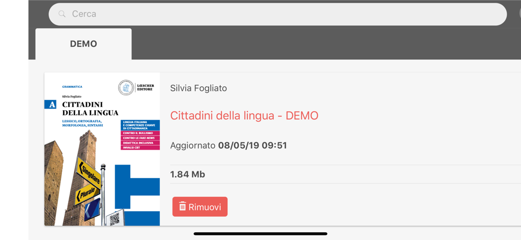 Digital library view of the myLIM app showing a demo Italian language textbook