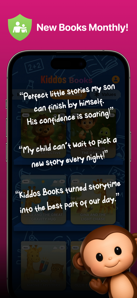 Pantalla de iPhone mostrando excelentes reseñas de padres para la aplicación de lectura Kiddos Books