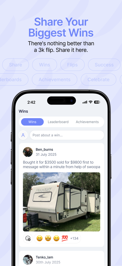 Swoopa app screen showing a community feed where users share successful flipping wins and resale profits.