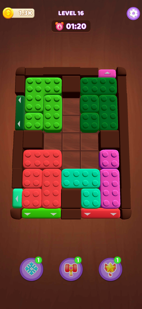 Fit Block 3D: Color Blast Jam - Ein 3D-Puzzle-Spiel-Level, das bunte Blöcke zeigt, die auf einem Gitter mit einem Timer und Boostern angeordnet sind