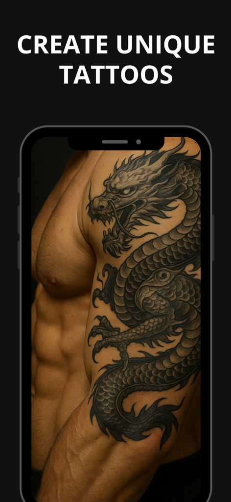 Tattoo Design - Tattoo Editor - A detailed dragon tattoo design displayed on a man's arm within the tattoo editor app interface