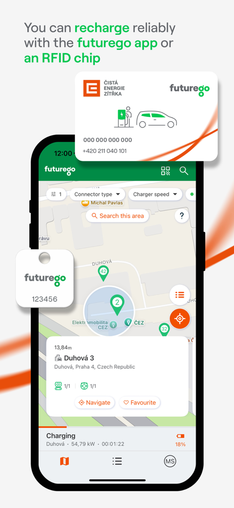 FUTUR/E/GO - Interface do aplicativo Futurego mostrando o mapa de estações de carregamento de VE e opções de chip RFID