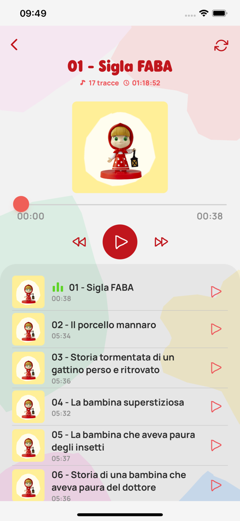 MyFaba – Il tuo Raccontastorie - MyFabaアプリのインターフェース。子供のストーリーのリストとフィギュアアイコンが表示されているオーディオプレイヤーが表示されています。