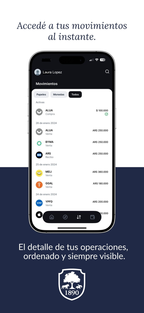 Aldazabal y Cía. - Screenshot of the Aldazabal y Cia app showing a detailed history of financial transactions and movements.