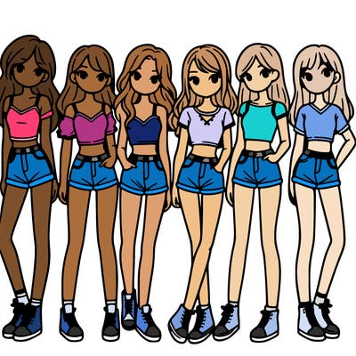a group of girls wearing crop tops and shorts