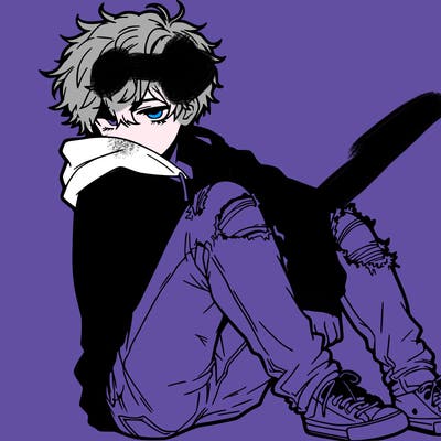 a male hoddie ripped jeans messy hair anime
