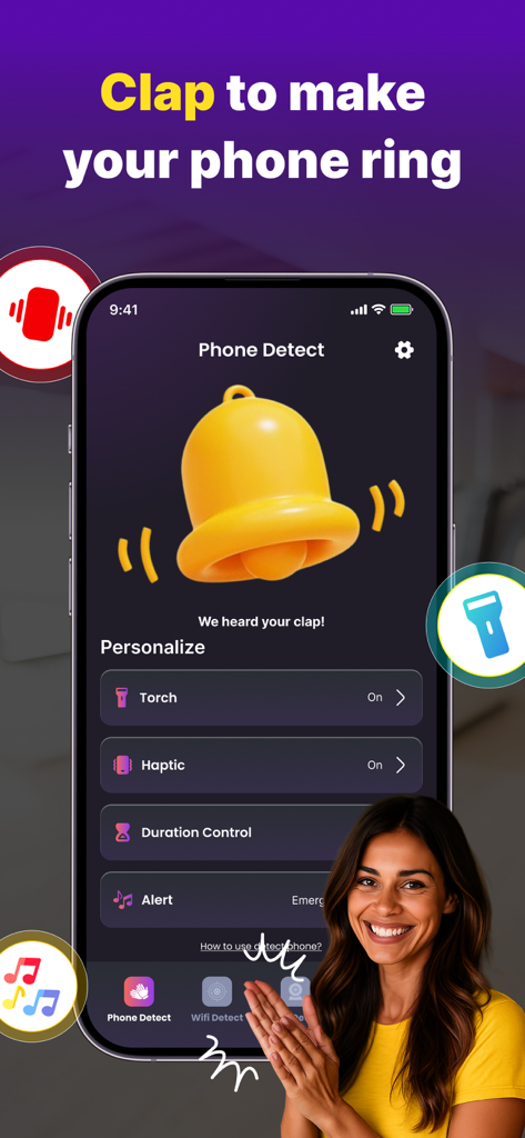 Find Phone By Clap, Flash - A smartphone screen showing the Phone Detect feature with a large yellow bell icon and personalization settings like torch and haptic feedback.