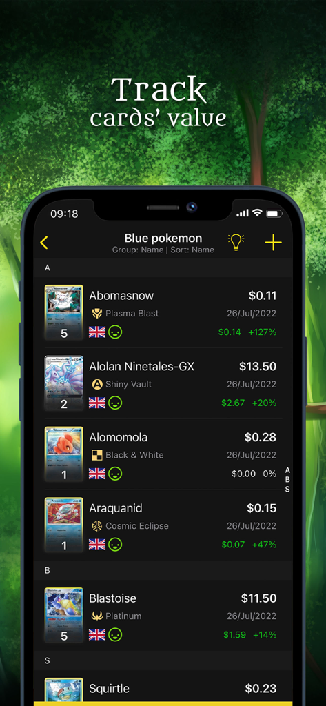 Poké TCG Scanner Dragon Shield - A list of Pokémon cards in the Dragon Shield app showing their current market prices and percentage value increases.
