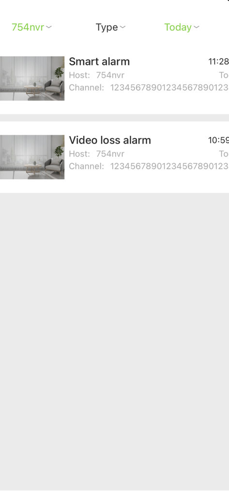 EasyLive Plus - EasyLive Plus mobile app interface showing a list of security notifications including smart alarms and video loss alerts with camera thumbnails