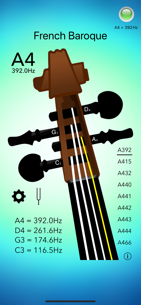 Viola Tuner Professional - Professional viola tuner app interface with French Baroque 392Hz calibration settings